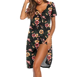 image:imageEkouaer Womens Nightshirt Short Sleeve Button Down Nightgown VNeck Sleepwear Pajama DressYellow Red Flower