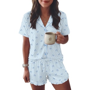 image:imageEkouaer Womens Pajama Sets Button Down Cute Ruffled Pjs Set SleepwearBlue Bow