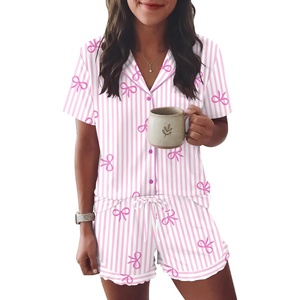 image:imageEkouaer Womens Pajama Sets Button Down Cute Ruffled Pjs Set SleepwearPink Stripe Bow