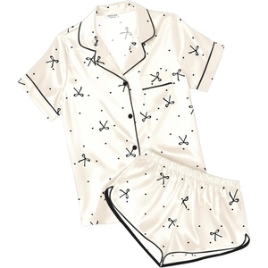 image:imageEkouaer Womens Satin Pajama Set Silk Pj Short Sets 2 Piece Loungewear S5XLBeige With Black Bow