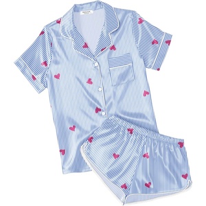 image:imageEkouaer Womens Satin Pajama Set Silk Pj Short Sets 2 Piece Loungewear S5XLBlue Heart Stripe