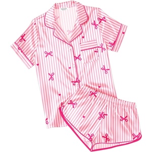 image:imageEkouaer Womens Satin Pajama Set Silk Pj Short Sets 2 Piece Loungewear S5XLPink Bow Stripe