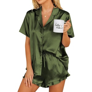 image:imageEkouaer Womens Satin Pajamas Set Button Down Silk Pj Shorts Set with RuffleArmy Green