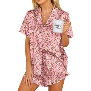 image:imageEkouaer Womens Satin Pajamas Set Button Down Silk Pj Shorts Set with RufflePink Leopard Love