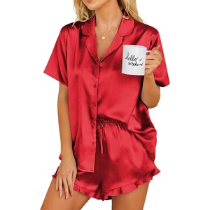 image:imageEkouaer Womens Satin Pajamas Set Button Down Silk Pj Shorts Set with RuffleRed