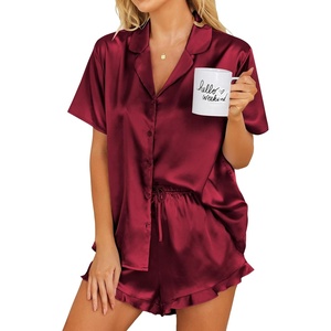 image:imageEkouaer Womens Satin Pajamas Set Button Down Silk Pj Shorts Set with RuffleWind Red