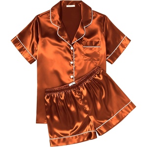 image:imageEkouaer Womens Silk Satin Pajama Sets Soft Short Sleeve Button Up SleepwearCaramel