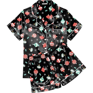 image:imageEkouaer Womens Silk Satin Pajama Sets Soft Short Sleeve Button Up SleepwearChristmas Black