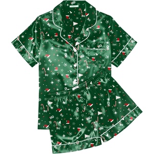 image:imageEkouaer Womens Silk Satin Pajama Sets Soft Short Sleeve Button Up SleepwearChristmas Green