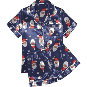image:imageEkouaer Womens Silk Satin Pajama Sets Soft Short Sleeve Button Up SleepwearChristmas Navy