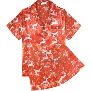 image:imageEkouaer Womens Silk Satin Pajama Sets Soft Short Sleeve Button Up SleepwearChristmas Red Deer
