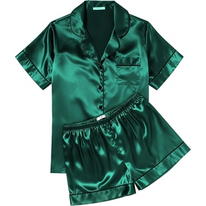 image:imageEkouaer Womens Silk Satin Pajama Sets Soft Short Sleeve Button Up SleepwearDark Green