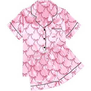 image:imageEkouaer Womens Silk Satin Pajama Sets Soft Short Sleeve Button Up SleepwearDbow Knot Pink Red