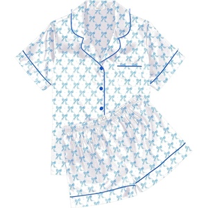 image:imageEkouaer Womens Silk Satin Pajama Sets Soft Short Sleeve Button Up SleepwearDbow Knot White Blue
