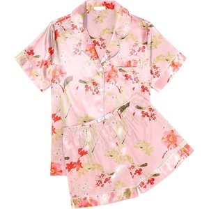 image:imageEkouaer Womens Silk Satin Pajama Sets Soft Short Sleeve Button Up SleepwearFloral Pink