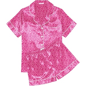 image:imageEkouaer Womens Silk Satin Pajama Sets Soft Short Sleeve Button Up SleepwearLeopard Hot Pink