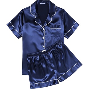 image:imageEkouaer Womens Silk Satin Pajama Sets Soft Short Sleeve Button Up SleepwearNavy