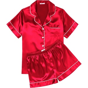 image:imageEkouaer Womens Silk Satin Pajama Sets Soft Short Sleeve Button Up SleepwearRed