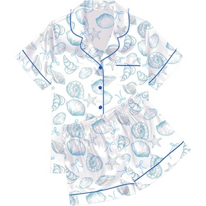 image:imageEkouaer Womens Silk Satin Pajama Sets Soft Short Sleeve Button Up SleepwearWhite Blue Seashells