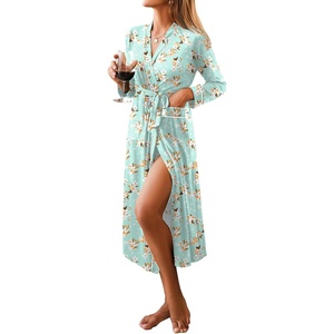 image:imageEkouaer Women Kimono Robes Full Length Knit Bathrobe Lightweight SleepwearGreen Flowers