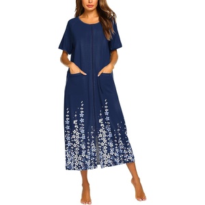 image:imageEkouaer Women Robe Zipper Short Sleeves Full Length House Coat with PocketsBlue Floral Silhouette