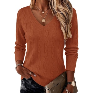 image:imageEkouaer Womens Cable Knit V Neck Sweater Long Sleeve Fall Tops Clothes 2026Caramel Color