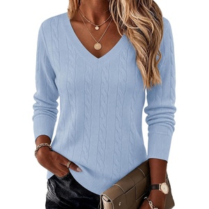 image:imageEkouaer Womens Cable Knit V Neck Sweater Long Sleeve Fall Tops Clothes 2026Light Blue