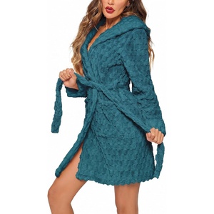 image:imageEkouaer Womens Hooded Bathrobe Short Fleece Robe Soft Luxury SleepwearPeacock Bluejacquard