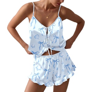 image:imageEkouaer Womens Satin Pajamas Sets Silk Cami Lingerie Pjs SleepwearBlue Bow