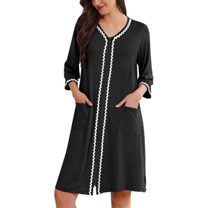 image:imageEkouaer Zipper Robes for Women 34 Sleeves House Coat 2026 Zip Up BathrobeBlack