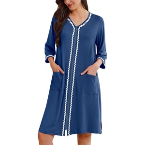 image:imageEkouaer Zipper Robes for Women 34 Sleeves House Coat 2026 Zip Up BathrobeNavy