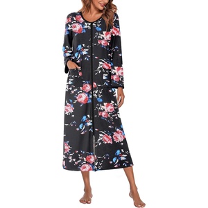 image:imageEkouaer Women Robe Zipper House Coat Full Length Nightgowns with PocketsBlack Floral