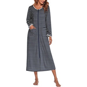 image:imageEkouaer Women Robe Zipper House Coat Full Length Nightgowns with PocketsNavy Blue Stripes